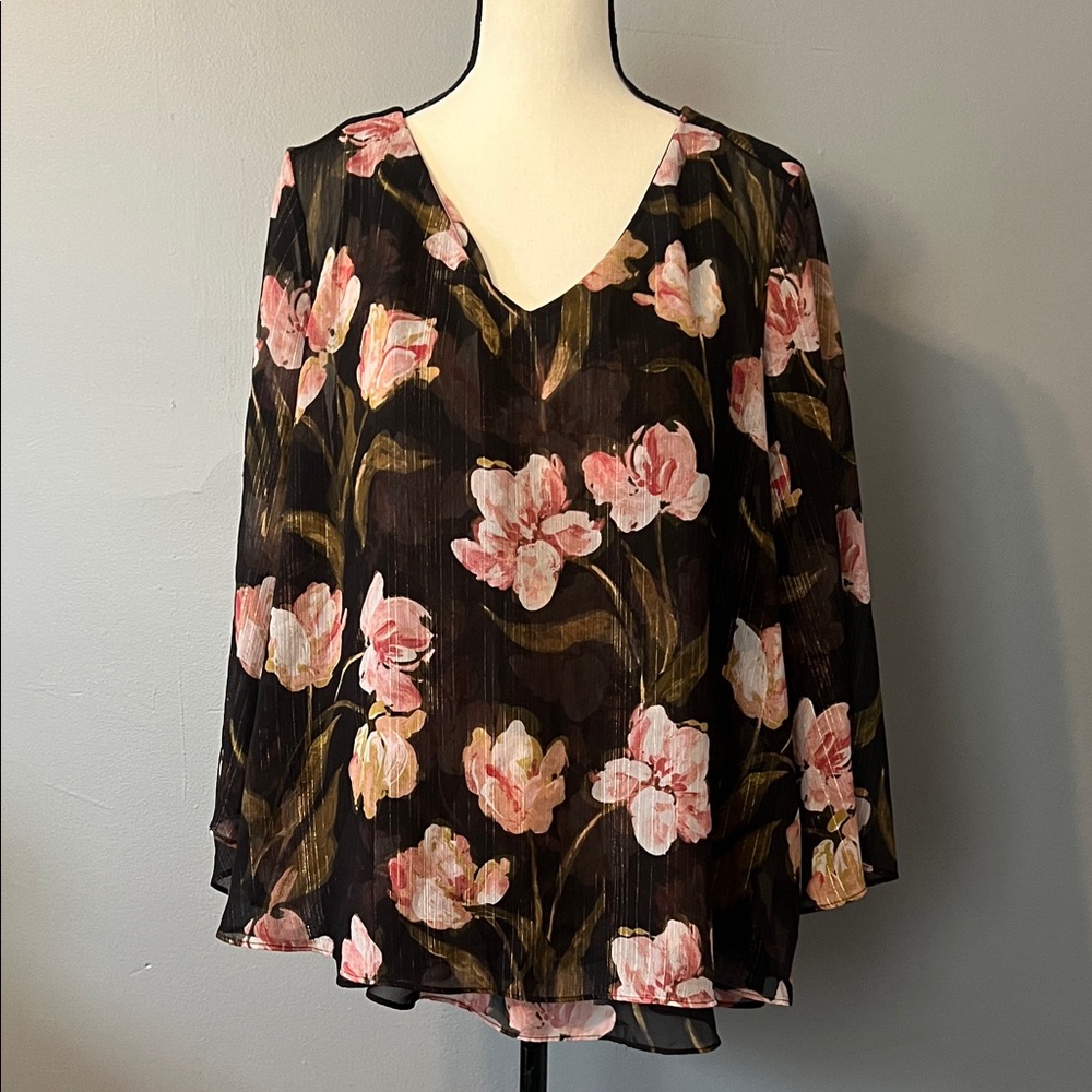 Jennifer Lopez Sheer Black Blouse with Pink Floral Design